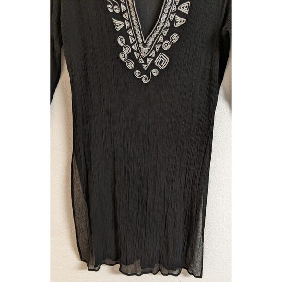 CHICO'S Women's Black Silk Embroidered Deep-V Cover-Up Beach Cruise 10/12 - Picture 6 of 11